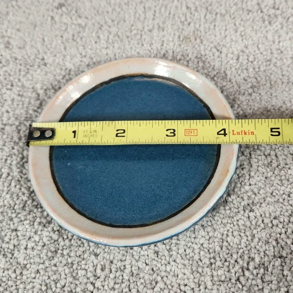 Handmade Pottery Vintage Small Ceramic Trinket Dish Blue‎ Cream Round 4 Inch